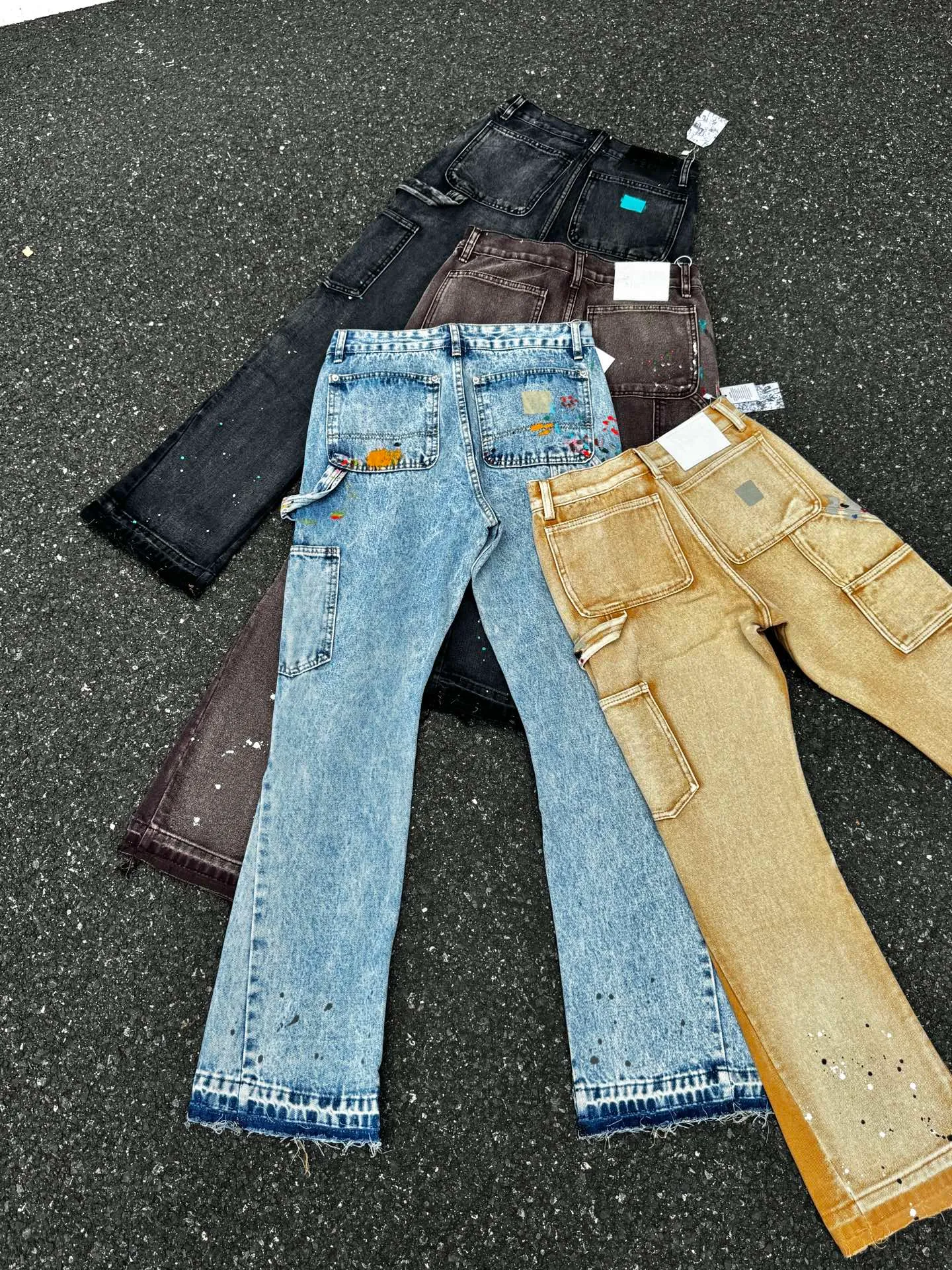 P250 (G95 black) (G90 burgundy) (G94 blue) (G91 khaki) GALLERY DEPT. Spliced ​​patchwork splash-ink denim flared pants washed and distressed spliced ​​jeans logging micro-flared jeans men and women same style Code number: 28 30 32 34 36